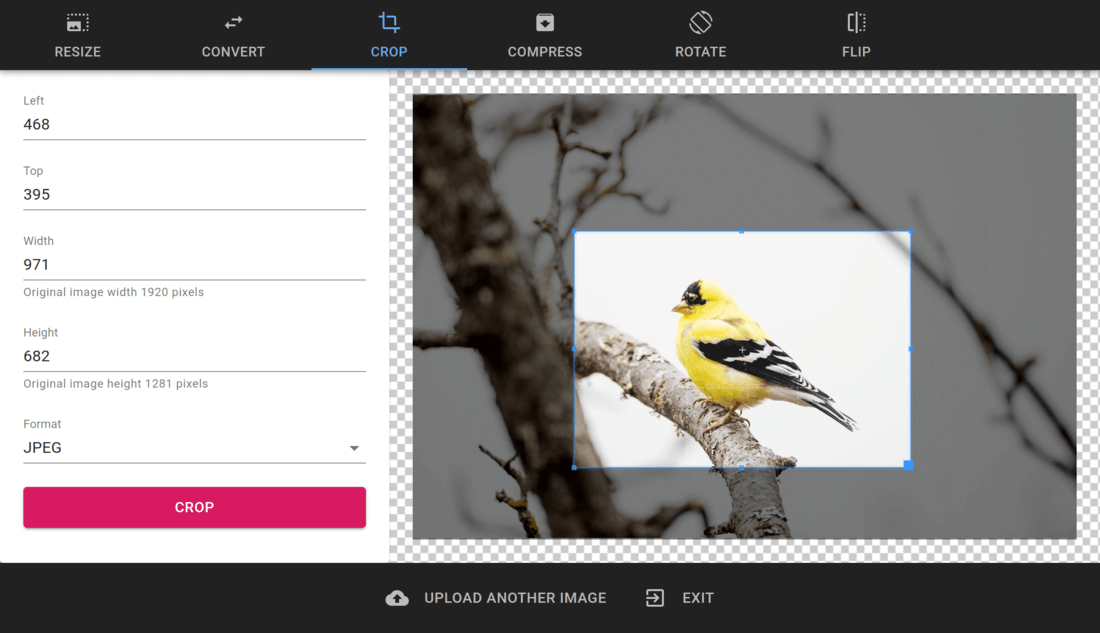 PhotoUtils screenshot: how to crop a rectangle area from the image
